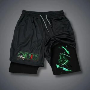 One Piece Mens Double Shorts Roronoa Zoro Japanese Anime Fake Two-Piece Summer 2-in-1 Fitness Sports Quick-Drying Y2K Shorts