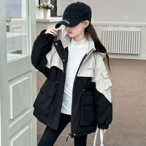 MPW | Girls Fashionable Waist-Cinching Hooded Jacket Drawstring Spring Autumn Clothes Korean Style Waterproof Breathable PU Coated