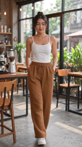 Emerald Casual: Cotton Linen Made and High Waist Loose Pants With Pockets