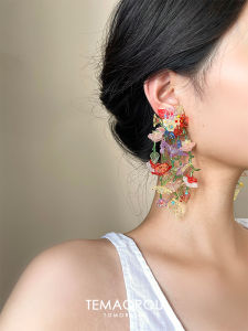 [Flowers Brocade Bunch] Exaggerated Large Flower Earrings Womens Seaside Holiday Earrings Non-Pierced Painless Ear Clip Makes Face Look Smaller