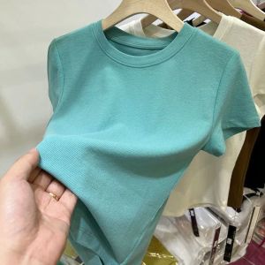 High-End round Neck Short Sleeve T-Shirt Womens Summer Fashion Korean Style Pure Color Slim Fit Base Shirt Top
