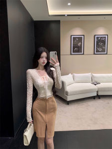 Pure Desire Lace Shirt T-Shirt Womens Autumn Winter Slim Fit Waist Cinched Short Base Layer Top V Neck Long Sleeve Knot Design