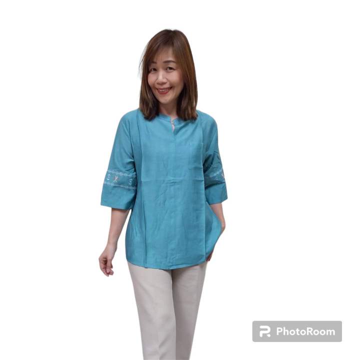 เสื้อเบลาสคอจีน เสื้อผ้าไหมลินิน อก 44 นิ้ว ชุดทำงาน ชุดไปเที่ยว ...