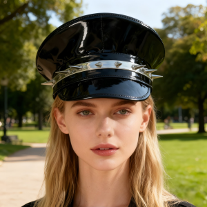HongLuan Red & Black Steampunk Military Goth Captain Hat Burningman Festival Woman Vintage Leather Military Cap for Man