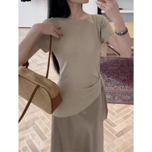 YUEZHONGWEI | Black Ice Silk Knitted Short Sleeve T-Shirt Women Summer Unique Beautiful Waist-Cinching Belt Design Sensation Top Shoulder