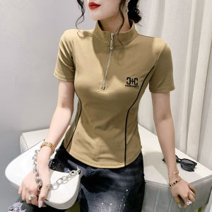 YIMEI เสื้อยืดแขนสั้นซิปหน้าสำหรับผู้หญิงชาวต่างชาติฉบับภาษาเกาหลีเสื้อคอตตอน2023ใหม่ของกวางโจวที่สวยงามฤดูร้อน