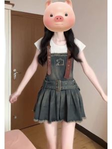 American Retro Denim Suspender Skirt Womens Summer New Design Sense Washed Brushed Suspenders Dress Pleated Skirt