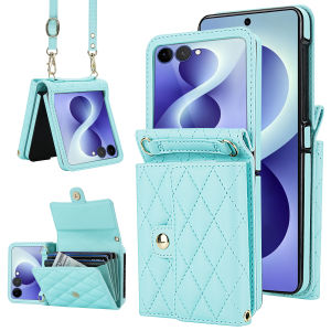 szhaiyu | Luxury Foldable Leather Wallet Phone Case For Samsung Galaxy Z Flip 4 5 6 7 8 Removable Crossbody Lanyard Protective Cover