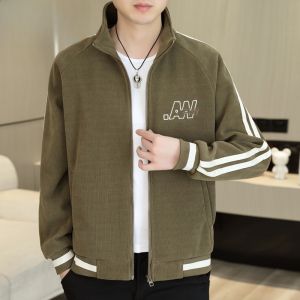HENGYUANXIANG | Hengyuanxiang 2025 Spring Autumn Mens Casual Stripe Jacket Embroidered Stand Collar Coat Fashionable Upper Body Polyester Fiber