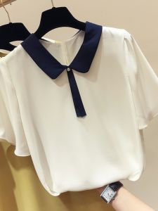 Brand Womens Short Sleeve Chiffon Shirt Korean Style Polo Collar Splice Pure Color Belted Beaded Commute Wear Summer Fashion