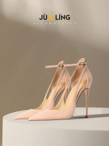 สีนู้ด รองเท้าส้นสูง ผู้หญิง บาง สายคล้อง รองเท้าเดี่ยวหัวแหลมหัวเข็มขัดห่อ Hollow Out สไตล์ฝรั่งเศส รองเท้าแตะ ทันสมัย กาวหัตถกรรม
