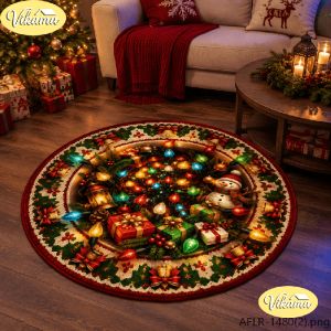 VIKAMA 3D Christmas Sleigh Round Rug Flannel Non Slip Circular Carpet Gift Lantern Candy Cane Pattern Living Room Floor Mat Xmas