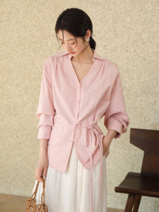 French Style V-Neck Tie-Waist Ruffle Shirt