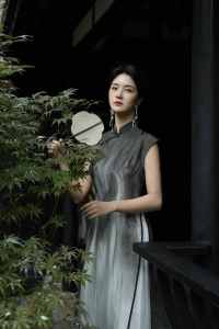 New Chinese Style Maxi Dress High Slit Womens Summer Tea Costume Gradient Color Block Slim Fit H-Line Breathable Polyester