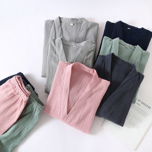 Cotton Double Layer Japanese Kimono Style Sleepwear Summer Home Wear Short Sleeve Long Pants Open Cardigan SPA Hotel Couple