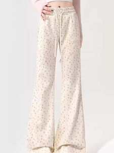 White Floral Slightly Flared Casual Pants for Women Autumn Best-Selling High Waist Petite Slim Looking Track Sweatpants Mop Trousers