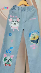 Denim Pants for Kids Girls 5-12 Years Old Cute Printed Design Trendy Maong Baggy Loose Pants for Girls
