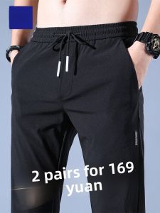 ROMON | Lormen Mens Casual Pants Summer Thin Ice Silk Quick Dry Slim Straight Elastic Waist Sports Long Trendy Pants Fashionable City Style