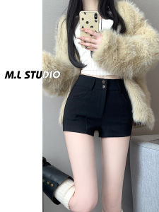 กางเกงขาสั้นทรงเอเอวสูงสไตล์อเมริกันสำหรับผู้หญิง กางเกงขาสั้นลำลองฤดูร้อน ทรงเข้ารูป ยางยืด กระชับสัดส่วน กางเกงขาสั้นสำหรับใส่กับรองเท้าบูท