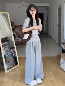 Muuv-It Korean Lazy Style Women Set Casual Short Sleeve Top High Waist Wide Leg Pants Comfy Loungewear Sporty Outfit