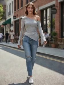 Áo Thun Nữ Tay Dài Lệch Vai Gợi Cảm Phong Cách Đường Phố Cá Tính Tay Bồng Bất Đối Xứng Thanh Lịch Dành Cho Phụ Nữ Trung Niên