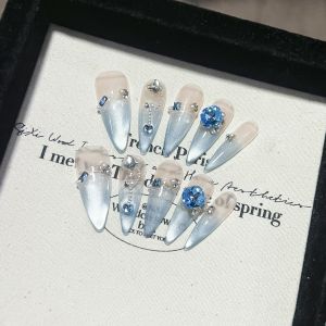 Blue Fantasy Flashing French Cat Eye Large Diamond Pure Handmade Wearable Long Nails Beauty Nail Art Finished Product