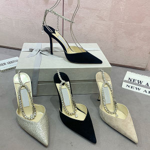 Elegant Crystal Buckle High Heels Womens Shoes Fine Heel Waterdrop Rhinestone Chain Leather Cover Half Slip on Wedding Shoes Sandals