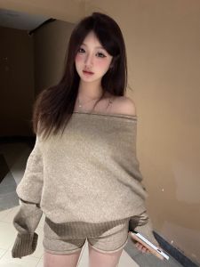 BINKAFENNY | Korean Style Early Autumn Womens High-End Knitted Shoulder Baring Two-Piece Set With Shorts Fashionable And Elegant
