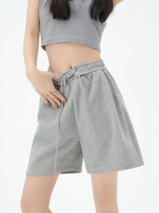 Grey Sports Shorts Women Summer Thin Straight High Waist Casual Wide Leg Five-Quarter Length Cotton Blend Street Style Shorts