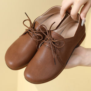 Spring New Cowhide Flat Bottom round Toe Lace Comfortable Mom Shoes Low Heel Anti-slip Womens Leather Shoes Soft Surface Leather