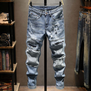 Autumn New Arrival Classy Denim Mens Trendy Personality Stitching Hole & Patch Handsome Stretch Slim Fit Ankle Tight Trousers