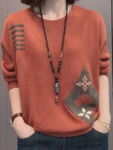 เสื้อสเวตเตอร์ถักคอปกกลมหลวมๆ สำหรับผู้หญิง ฤดูใบไม้ร่วง/ฤดูหนาว สไตล์ชาติพันธุ์ เสื้อชั้นในถักคอปกกลมแบบลำลอง