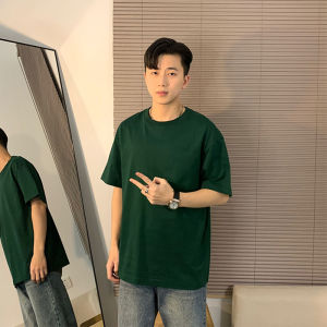 Oumulong Mens Short Sleeve T-Shirt Pure Cotton Heavyweight Dark Green Vintage American Style Small Collar Five-Quarter Length