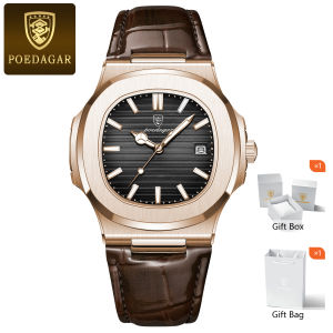 POEDAGAR Original Square Man Watch Waterproof Luminous Date Men Watch Leather Casual Luxury Quartz Mens Watches+Box Reloj Gift