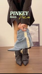 PINKEY P296 Sepatu Boots Wanita Hak Tinggi Tebal Ujung Lancip Sepatu Bot Celana Ramping Potongan Rendah