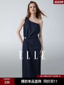 Elle French High-End Slant Shoulder A-Line Long Dress Womens 2025 Autumn New Chain Design Waist-Cinching Dress