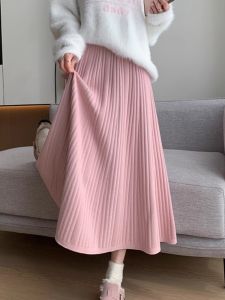 Váy Midi Chữ a Màu Hồng Dày Dặn Cạp Cao Cho Nữ Mùa Thu Đông Ngọt Ngào Giảm Tuổi Tác Xếp Ly Nhỏ Hình Ô Dù