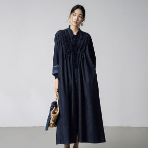 Lace Pleated Denim Jacket Long Coats