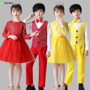 LOlanta Kids Boys Formal Vest Suits Long Sequined Performance Outfit Girls Mesh Princes Dress Birthday Wedding Party Piano Performance Wear 3-14Years