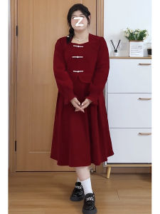 Váy Nhung Cổ Vuông Cỡ Lớn Phong Cách Pháp Cổ Điển Thanh Lịch Mùa Thu Che Giấu Mỡ Váy Cưới Váy Dự Tiệc