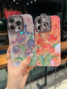 Elegant Purple Tulip Silver Grey Flash Powder Lens Bracket Protective Case for Apple Series iPhone 16 New Model 15Promax/14Promax