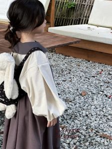 Autumn New Style Doll Collar Long Sleeve Shirt Korean Style Strap Dress Childrens Long Skirt Set for Girls High Waist Cotton Polyester
