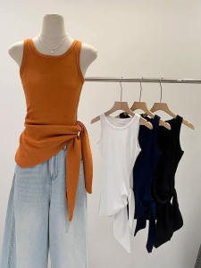 French Elegant Asymmetrical Waist Belted Sleeveless Strap Vest Women Summer 2025 Outerwear Design Sense Tie Top