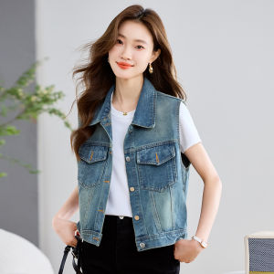 Korean Style Casual Embroidered Letter Short Denim Vest Womens Vintage Sleeveless Shoulder Pad Outerwear Layering Top Summer