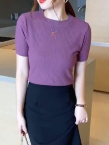 Womens Korean Style Round Neck Short Sleeve Knitted Blouse Plus Size Shirt