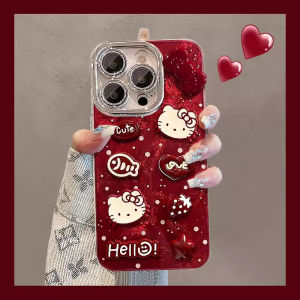 Kitty Cat Polka Dot Phone Case with Lens Film Anti-Fall Creative Cute Cartoon Red New Year Apple 16Promax 15PM 13 12 Silicone Acrylic Cover