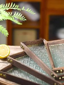 Glass Retro Japanese Real Wood Long Rectangle Dry Tea Tray