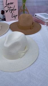 หมวกสานทรงปานามาขอบผ้า แต่งคาดโบว์ สินค้าพร้อมส่ง B071