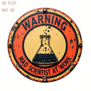 CIFbuy | 8-Inch Vintage Mad Scientist Warning Sign – Round Aluminum Wall Decor with Chemical Flask Design