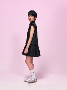 LOVESASAKIDS | Girls Dress with Stand Collar Ruffles Bow Diamonds Flutter Sleeves A-Line Pleated
